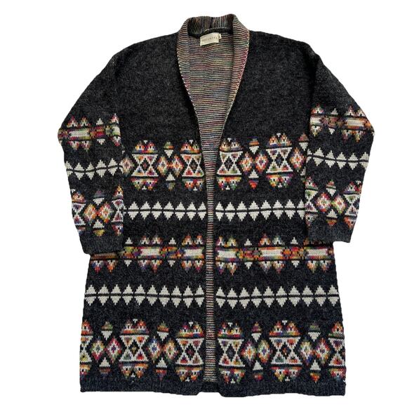 Dreamers Aztec Cardigan Sweater Women Med Gray Long Open Front Southwestern Boho - Picture 10 of 10